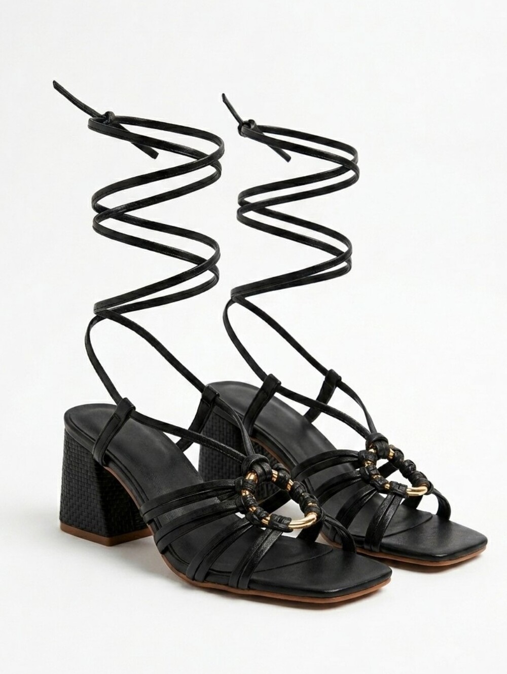 NIB Coutgo Strappy Square Toe Lace Up Sandals Block Heel Ankle Tie Black 6.5